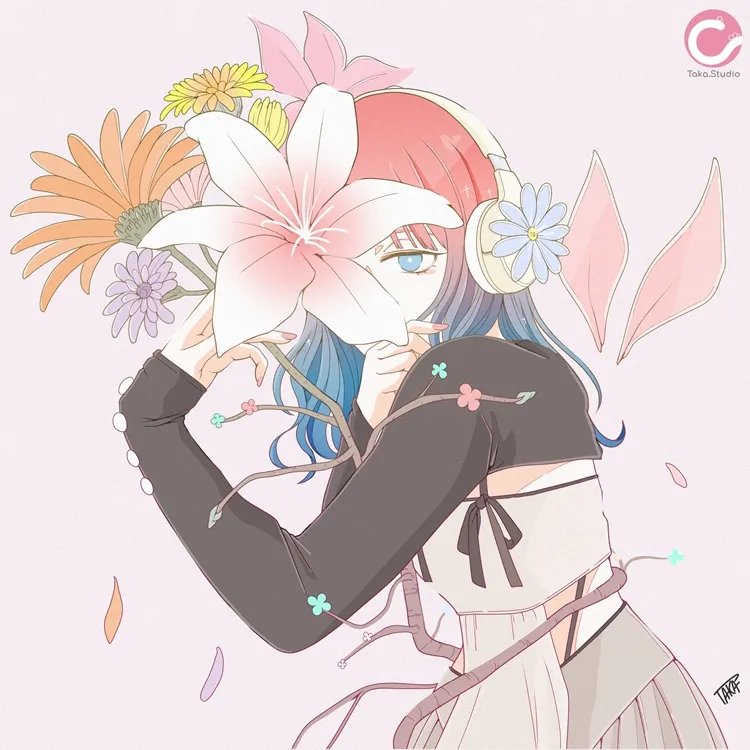 ヘッドホン女子　イラスト　花