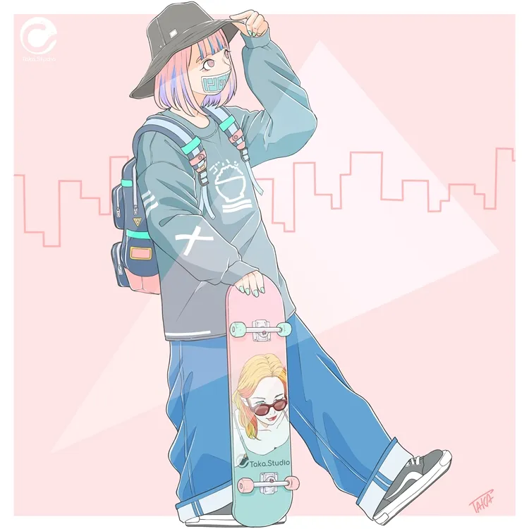 スケボー女子　イラスト　スケーター女子